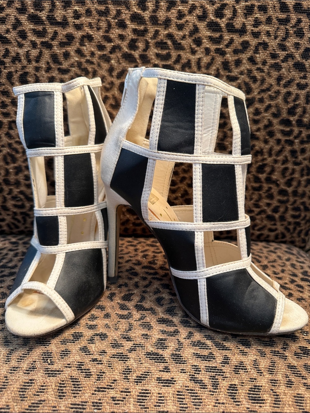 Black and White Cage High Heel Booties. 3” Heel.